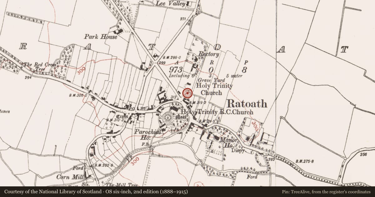 Ordnance Survey six-inch map, 2nd edition (1888–1915) covering the location of Architectural fragment, Ratoath, County Meath, with a pin at the register's coordinates
