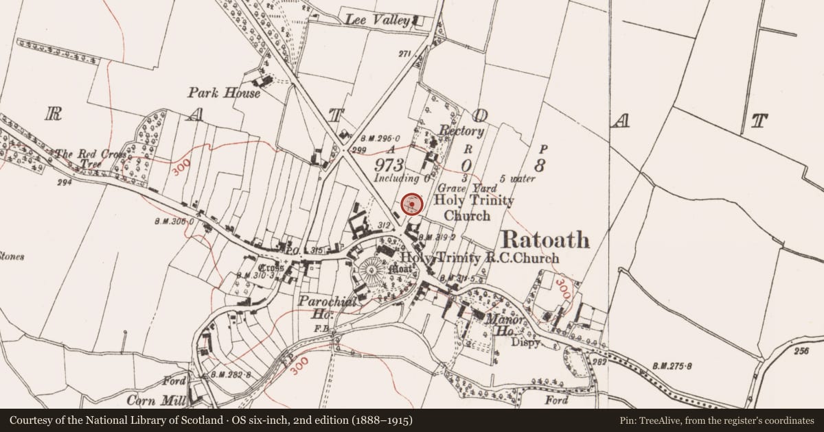 Ordnance Survey six-inch map, 2nd edition (1888–1915) covering the location of Tomb - effigial, Ratoath, County Meath, with a pin at the register's coordinates