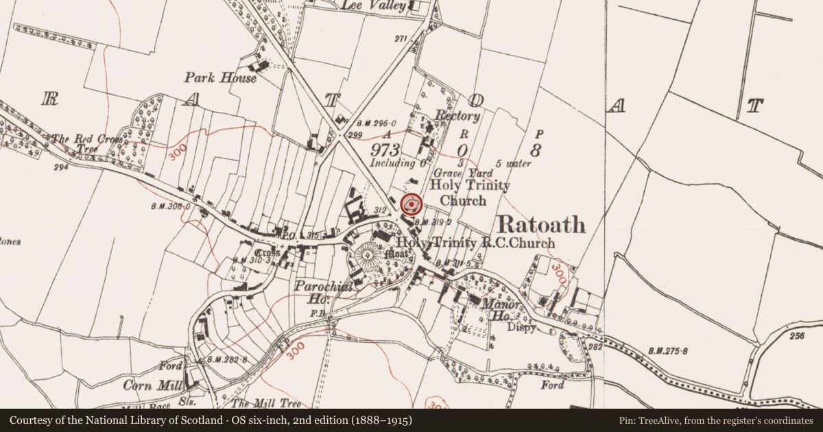 Ordnance Survey six-inch map, 2nd edition (1888–1915) covering the location of Cross - Churchyard cross, Ratoath, County Meath, with a pin at the register's coordinates
