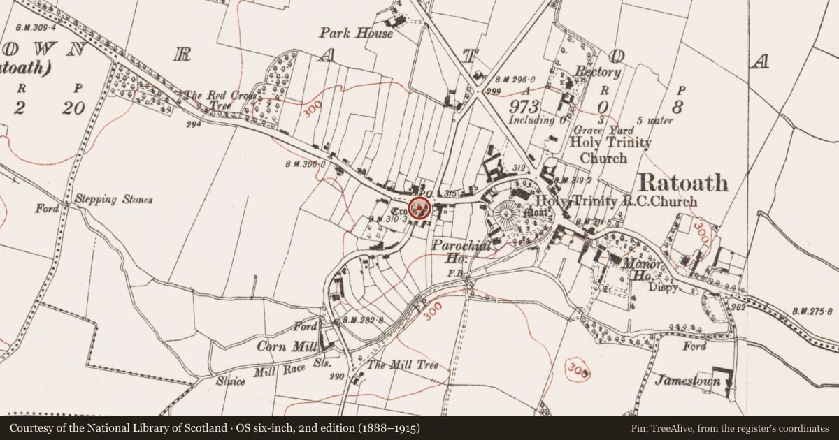 Ordnance Survey six-inch map, 2nd edition (1888–1915) covering the location of Cross - Market cross, Ratoath, County Meath, with a pin at the register's coordinates