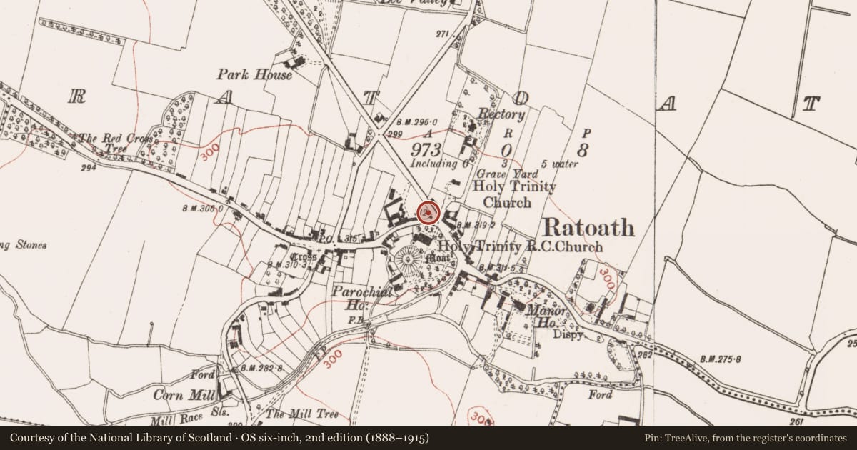 Ordnance Survey six-inch map, 2nd edition (1888–1915) covering the location of Road - road/trackway, Ratoath, County Meath, with a pin at the register's coordinates