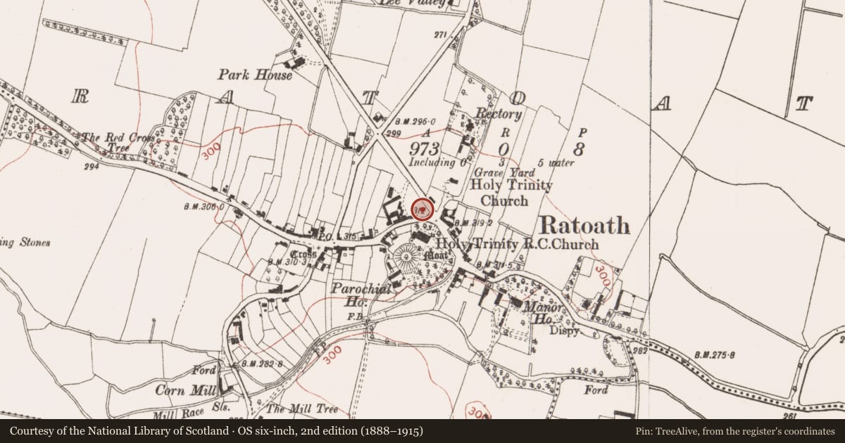 Ordnance Survey six-inch map, 2nd edition (1888–1915) covering the location of Cistern, Ratoath, County Meath, with a pin at the register's coordinates