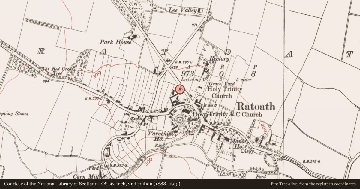 Ordnance Survey six-inch map, 2nd edition (1888–1915) covering the location of Linear earthwork, Ratoath, County Meath, with a pin at the register's coordinates