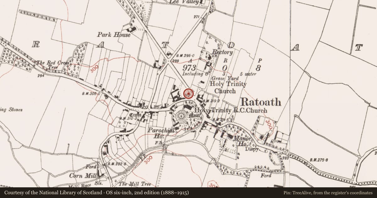Ordnance Survey six-inch map, 2nd edition (1888–1915) covering the location of Excavation - miscellaneous, Ratoath, County Meath, with a pin at the register's coordinates