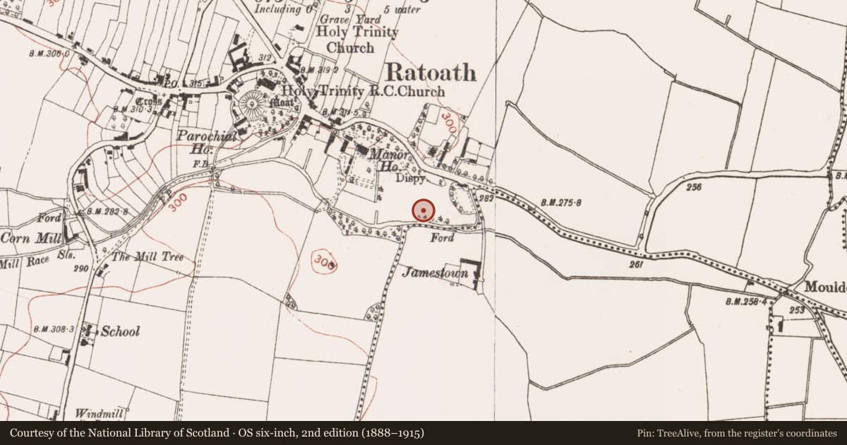 Ordnance Survey six-inch map, 2nd edition (1888–1915) covering the location of Field system, Ratoath, County Meath, with a pin at the register's coordinates