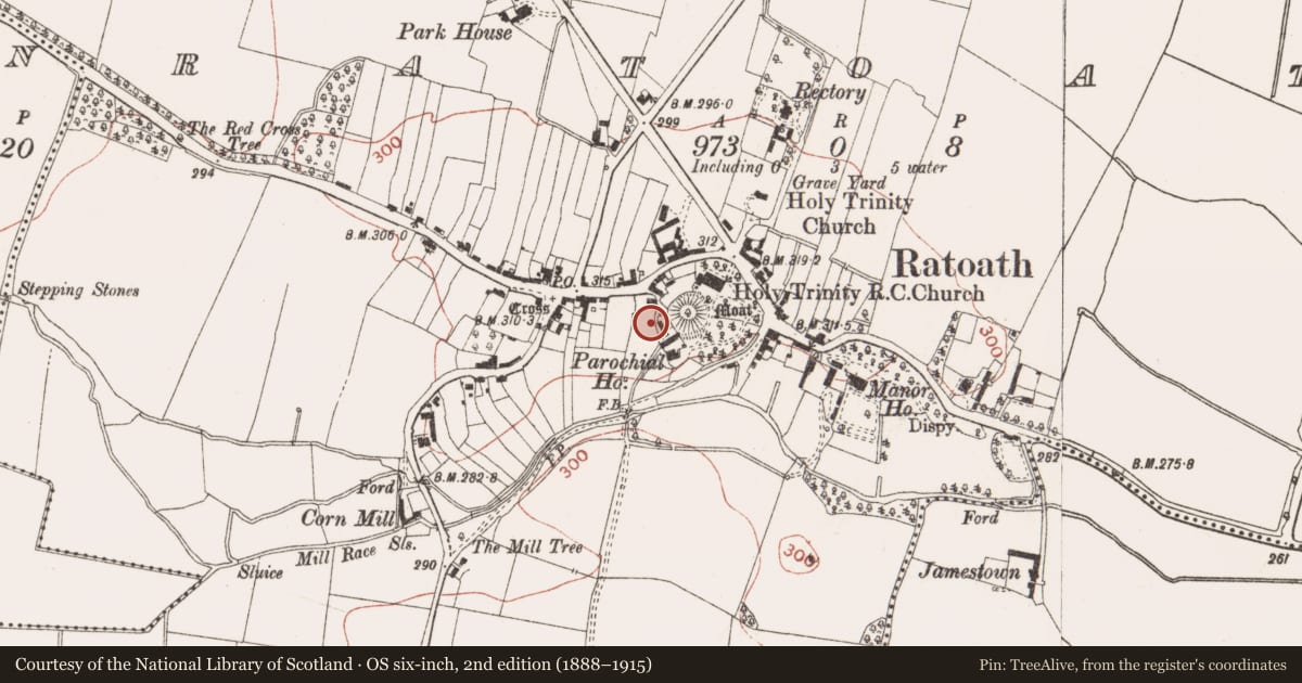 Ordnance Survey six-inch map, 2nd edition (1888–1915) covering the location of Excavation - miscellaneous, Ratoath, County Meath, with a pin at the register's coordinates
