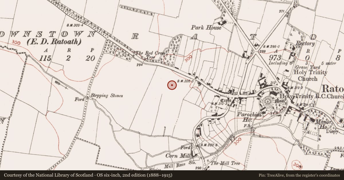 Ordnance Survey six-inch map, 2nd edition (1888–1915) covering the location of Field boundary, Ratoath, County Meath, with a pin at the register's coordinates