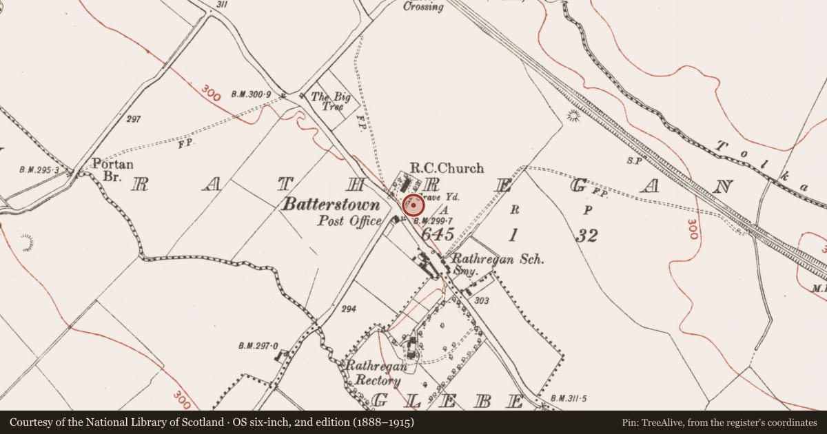 Ordnance Survey six-inch map, 2nd edition (1888–1915) covering the location of Font, Rathregan, County Meath, with a pin at the register's coordinates