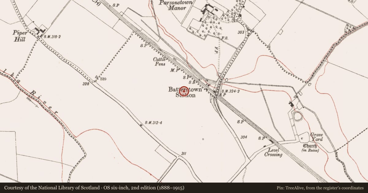 Ordnance Survey six-inch map, 2nd edition (1888–1915) covering the location of Enclosure, Rathregan, County Meath, with a pin at the register's coordinates
