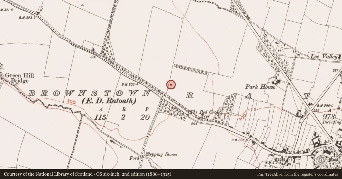 Ordnance Survey six-inch map, 2nd edition (1888–1915) covering the location of Enclosure, Ratoath, County Meath, with a pin at the register's coordinates