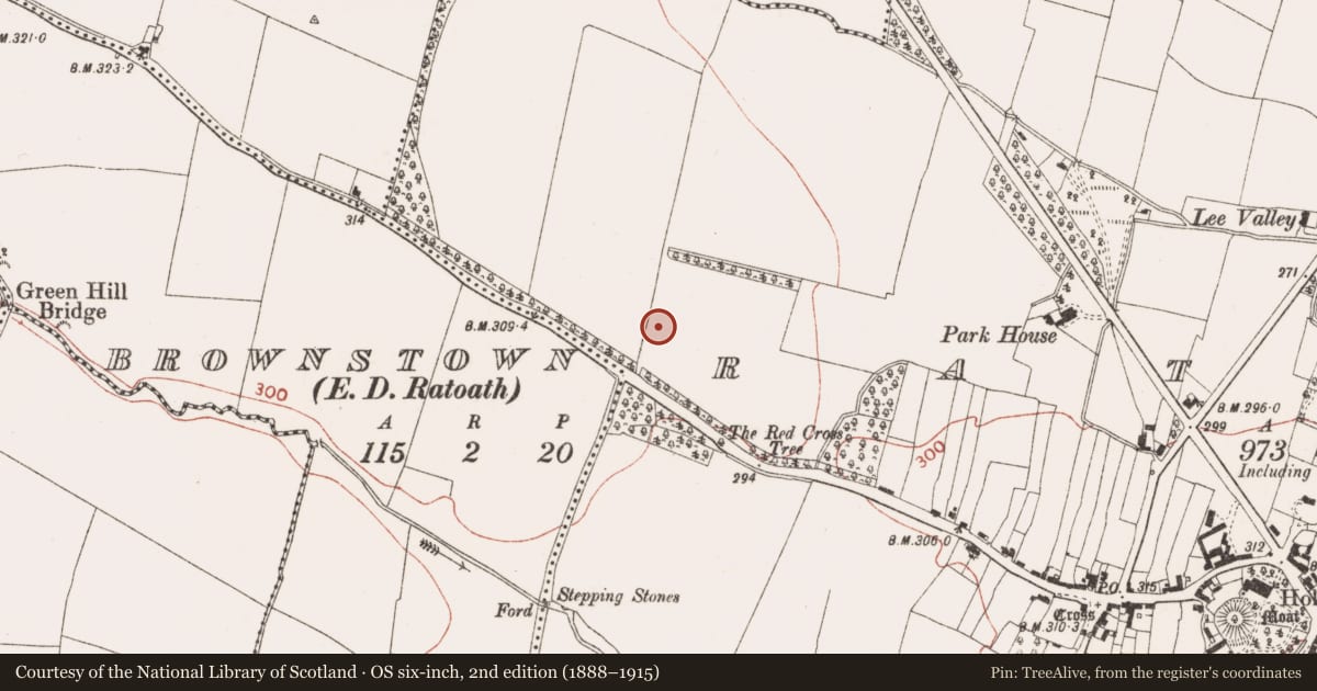 Ordnance Survey six-inch map, 2nd edition (1888–1915) covering the location of Ring-ditch, Ratoath, County Meath, with a pin at the register's coordinates