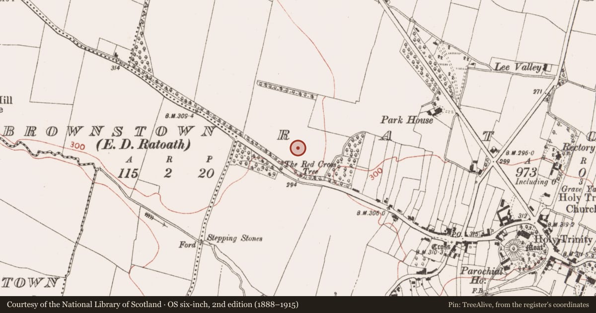 Ordnance Survey six-inch map, 2nd edition (1888–1915) covering the location of Ring-ditch, Ratoath, County Meath, with a pin at the register's coordinates