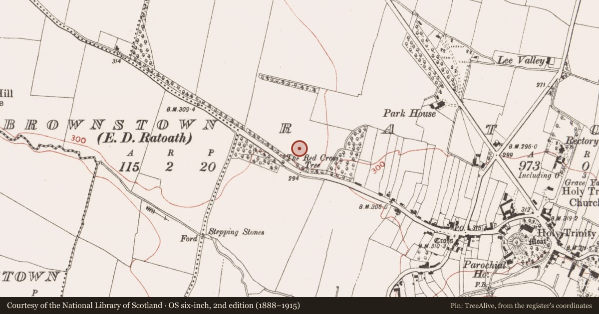 Ordnance Survey six-inch map, 2nd edition (1888–1915) covering the location of Ring-ditch, Ratoath, County Meath, with a pin at the register's coordinates
