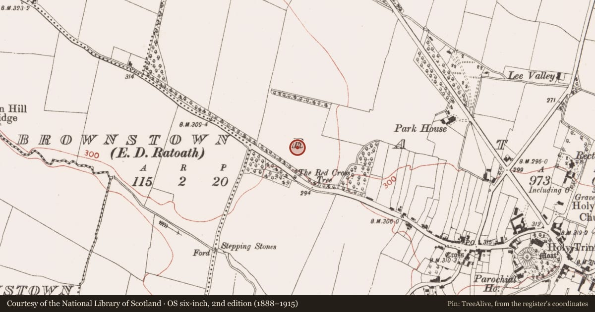Ordnance Survey six-inch map, 2nd edition (1888–1915) covering the location of Field system, Ratoath, County Meath, with a pin at the register's coordinates