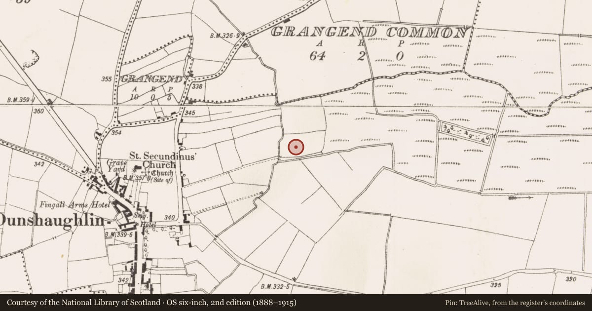 Ordnance Survey six-inch map, 2nd edition (1888–1915) covering the location of Fulacht fia, Dunshaughlin, County Meath, with a pin at the register's coordinates