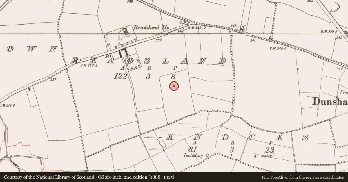 Ordnance Survey six-inch map, 2nd edition (1888–1915) covering the location of Fulacht fia, Readsland, County Meath, with a pin at the register's coordinates