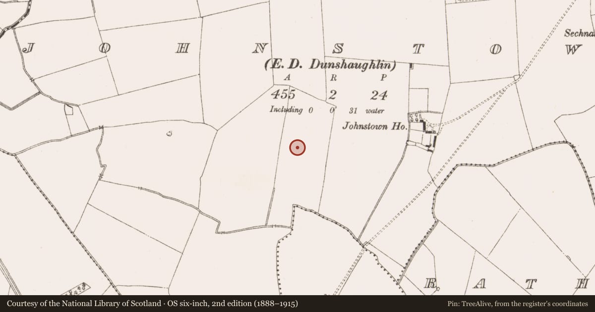 Ordnance Survey six-inch map, 2nd edition (1888–1915) covering the location of Enclosure, Johnstown (Ratoath By., Dunshaughlin Par.), County Meath, with a pin at the register's coordinates