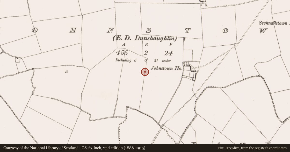 Ordnance Survey six-inch map, 2nd edition (1888–1915) covering the location of Fulacht fia, Johnstown (Ratoath By., Dunshaughlin Par.), County Meath, with a pin at the register's coordinates