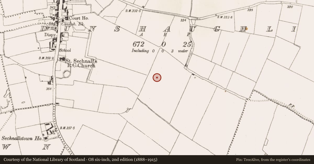Ordnance Survey six-inch map, 2nd edition (1888–1915) covering the location of Kiln, Dunshaughlin, County Meath, with a pin at the register's coordinates