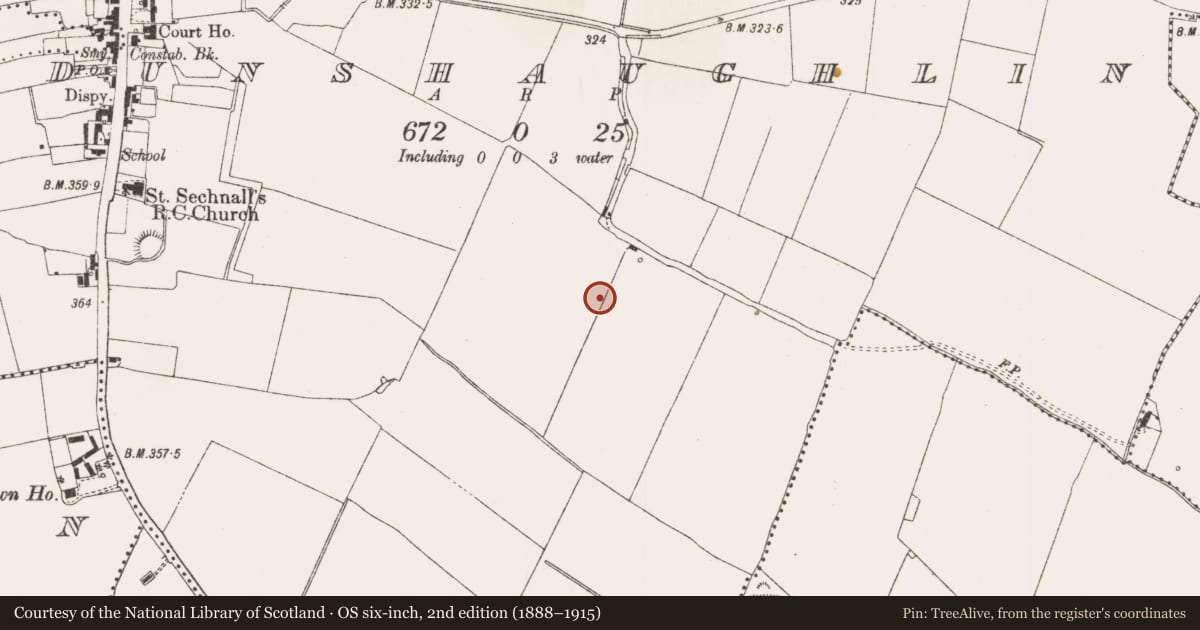 Ordnance Survey six-inch map, 2nd edition (1888–1915) covering the location of Ring-ditch, Dunshaughlin, County Meath, with a pin at the register's coordinates