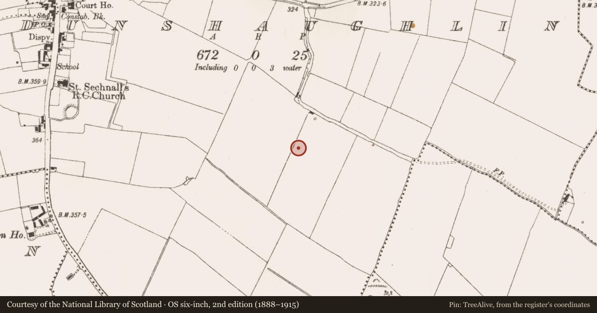 Ordnance Survey six-inch map, 2nd edition (1888–1915) covering the location of Kiln, Dunshaughlin, County Meath, with a pin at the register's coordinates