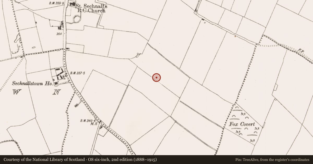 Ordnance Survey six-inch map, 2nd edition (1888–1915) covering the location of Fulacht fia, Dunshaughlin, County Meath, with a pin at the register's coordinates