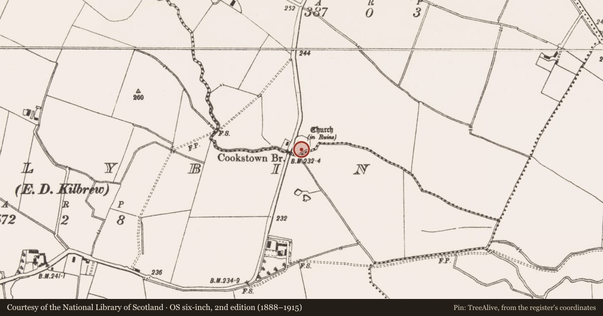 Ordnance Survey six-inch map, 2nd edition (1888–1915) covering the location of Churchyard, Cookstown (Ratoath By., Cookstown Par.), County Meath, with a pin at the register's coordinates