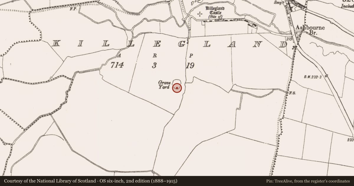 Ordnance Survey six-inch map, 2nd edition (1888–1915) covering the location of Graveyard, Killegland, County Meath, with a pin at the register's coordinates