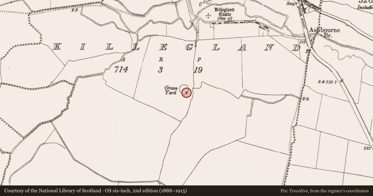 Ordnance Survey six-inch map, 2nd edition (1888–1915) covering the location of Ecclesiastical enclosure, Killegland, County Meath, with a pin at the register's coordinates