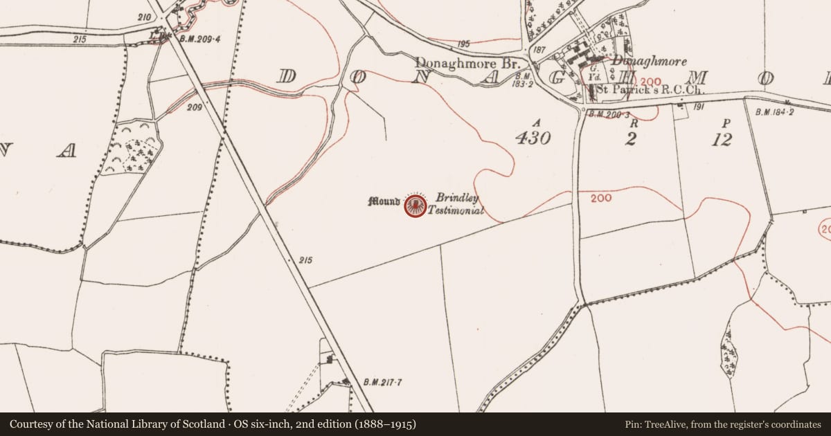 Ordnance Survey six-inch map, 2nd edition (1888–1915) covering the location of Castle - motte, Donaghmore, County Meath, with a pin at the register's coordinates