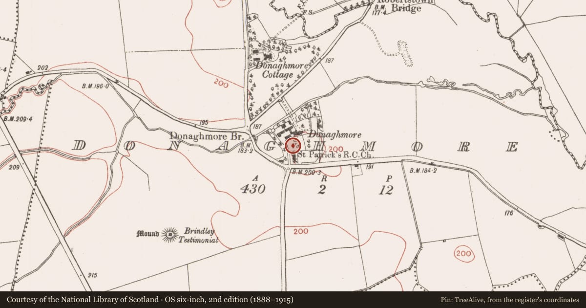 Ordnance Survey six-inch map, 2nd edition (1888–1915) covering the location of Church, Donaghmore, County Meath, with a pin at the register's coordinates