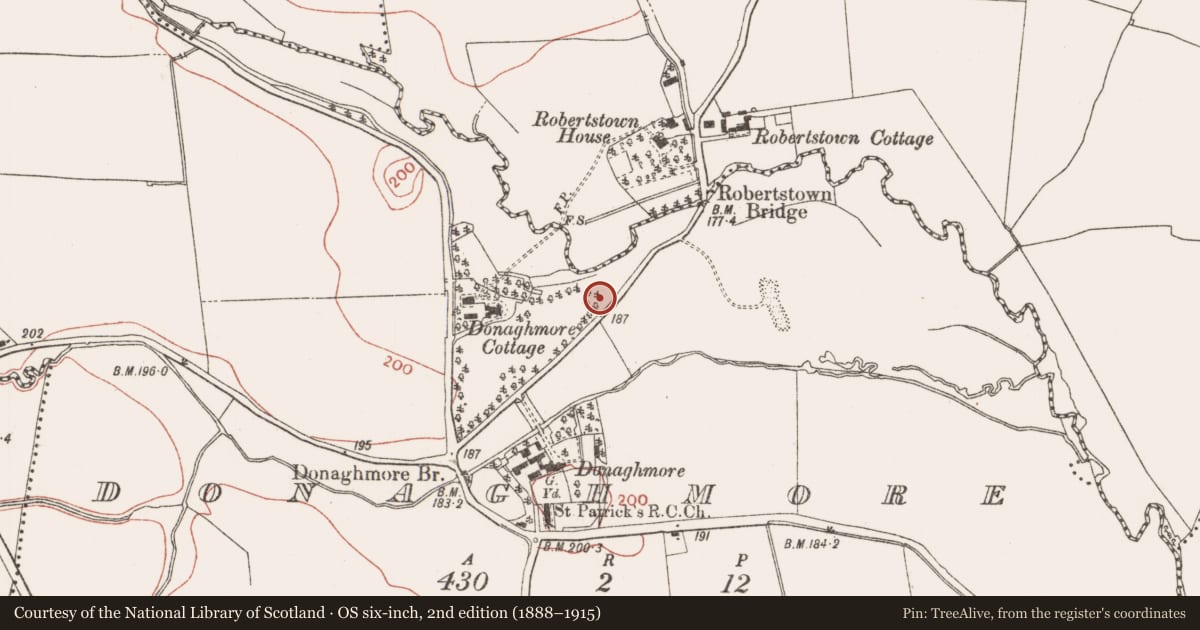Ordnance Survey six-inch map, 2nd edition (1888–1915) covering the location of Souterrain, Donaghmore, County Meath, with a pin at the register's coordinates
