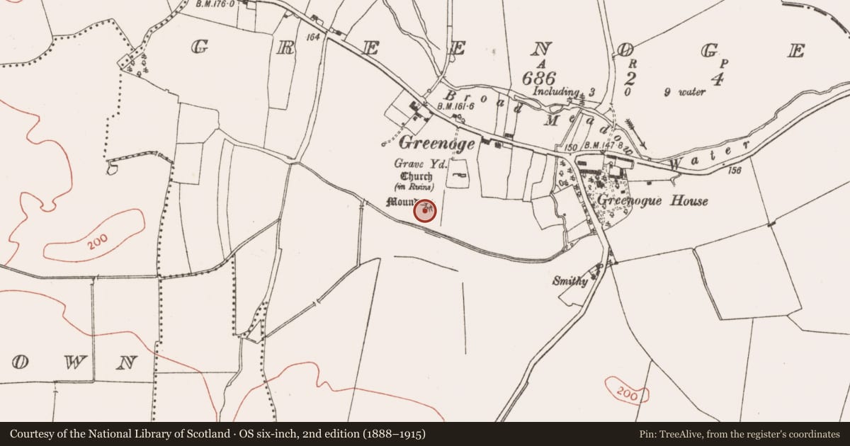 Ordnance Survey six-inch map, 2nd edition (1888–1915) covering the location of Barrow - mound barrow, Greenoge, County Meath, with a pin at the register's coordinates