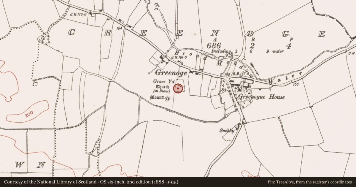 Ordnance Survey six-inch map, 2nd edition (1888–1915) covering the location of Church, Greenoge, County Meath, with a pin at the register's coordinates