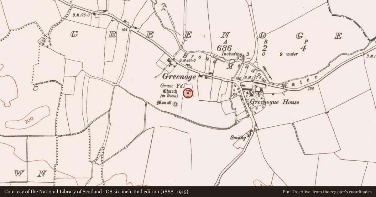 Ordnance Survey six-inch map, 2nd edition (1888–1915) covering the location of Watchman's hut - burial ground, Greenoge, County Meath, with a pin at the register's coordinates