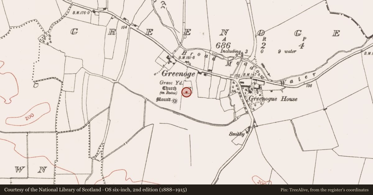 Ordnance Survey six-inch map, 2nd edition (1888–1915) covering the location of Graveyard, Greenoge, County Meath, with a pin at the register's coordinates