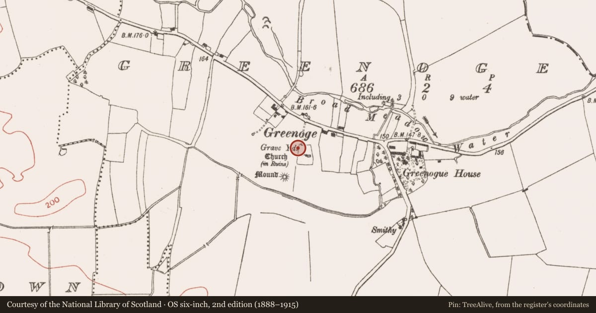 Ordnance Survey six-inch map, 2nd edition (1888–1915) covering the location of Cross, Greenoge, County Meath, with a pin at the register's coordinates