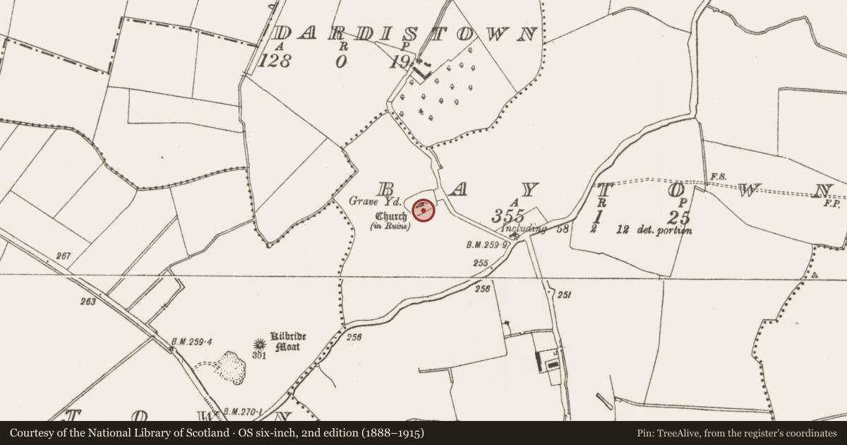 Ordnance Survey six-inch map, 2nd edition (1888–1915) covering the location of Graveyard, Baytown, County Meath, with a pin at the register's coordinates