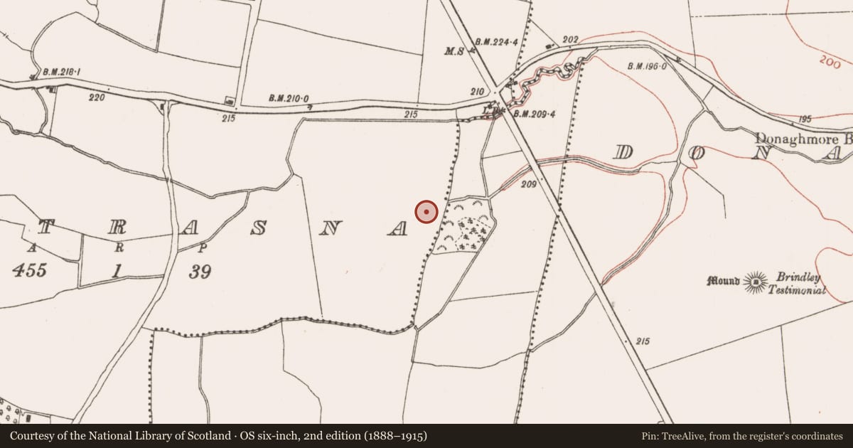 Ordnance Survey six-inch map, 2nd edition (1888–1915) covering the location of Fulacht fia, Baltrasna, County Meath, with a pin at the register's coordinates