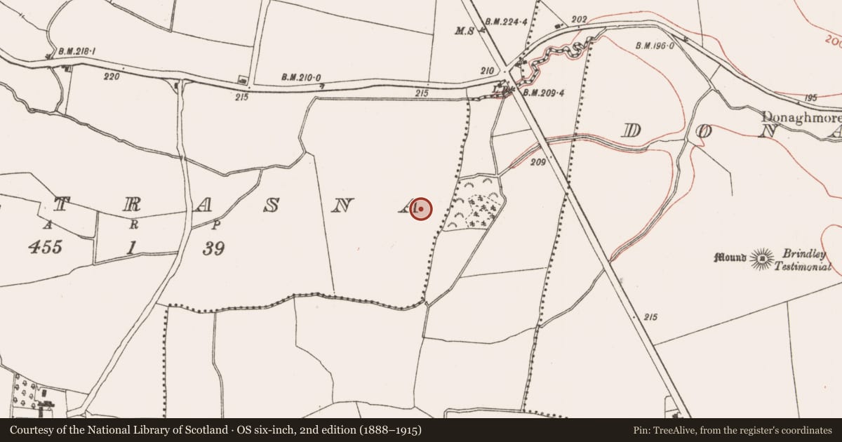 Ordnance Survey six-inch map, 2nd edition (1888–1915) covering the location of Fulacht fia, Baltrasna, County Meath, with a pin at the register's coordinates