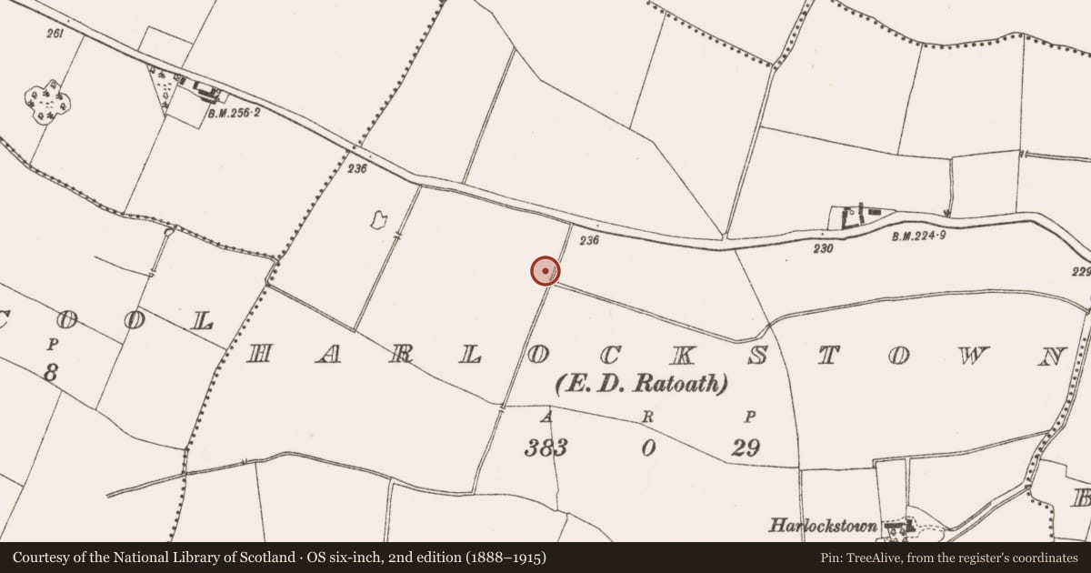 Ordnance Survey six-inch map, 2nd edition (1888–1915) covering the location of Fulacht fia, Harlockstown, County Meath, with a pin at the register's coordinates