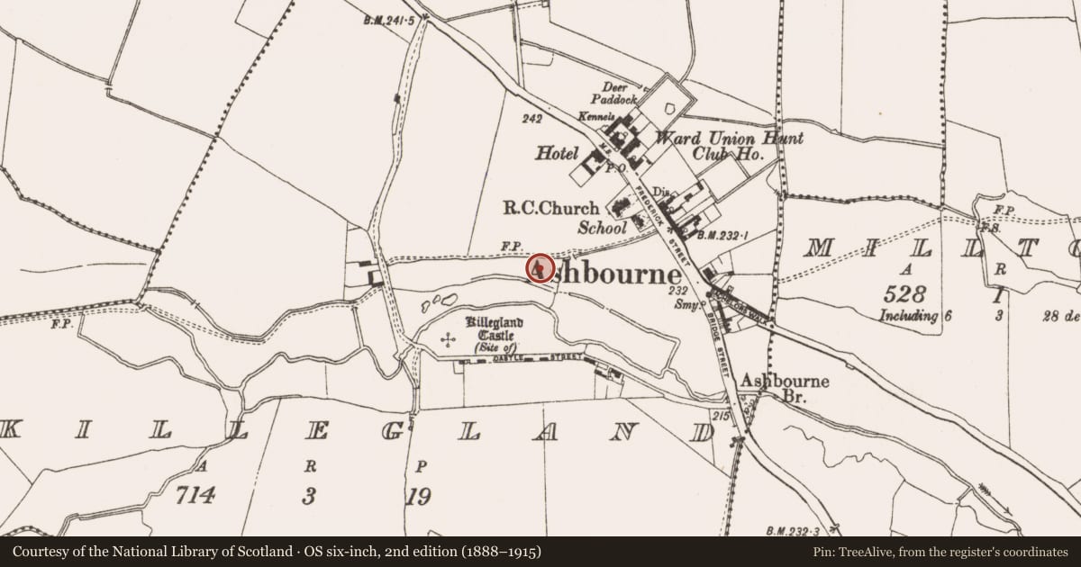 Ordnance Survey six-inch map, 2nd edition (1888–1915) covering the location of Kiln - corn-drying, Killegland, County Meath, with a pin at the register's coordinates