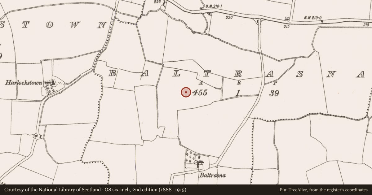 Ordnance Survey six-inch map, 2nd edition (1888–1915) covering the location of Ring-ditch, Baltrasna, County Meath, with a pin at the register's coordinates
