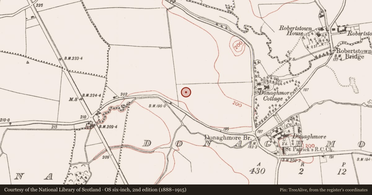 Ordnance Survey six-inch map, 2nd edition (1888–1915) covering the location of Enclosure, Donaghmore, County Meath, with a pin at the register's coordinates