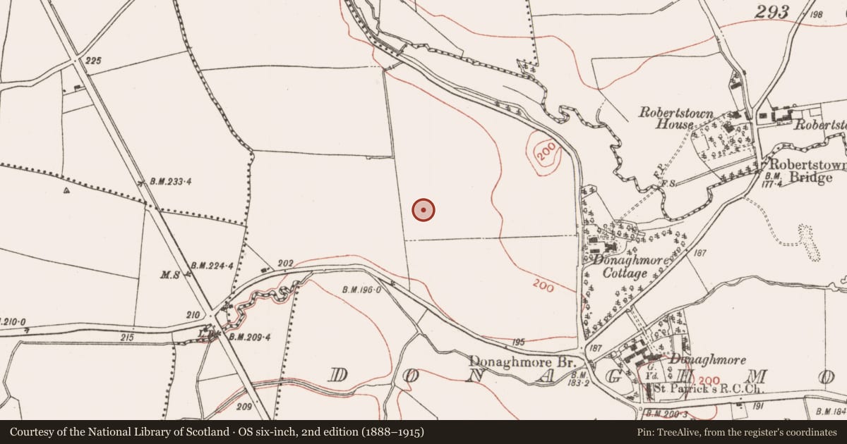 Ordnance Survey six-inch map, 2nd edition (1888–1915) covering the location of Enclosure, Donaghmore, County Meath, with a pin at the register's coordinates