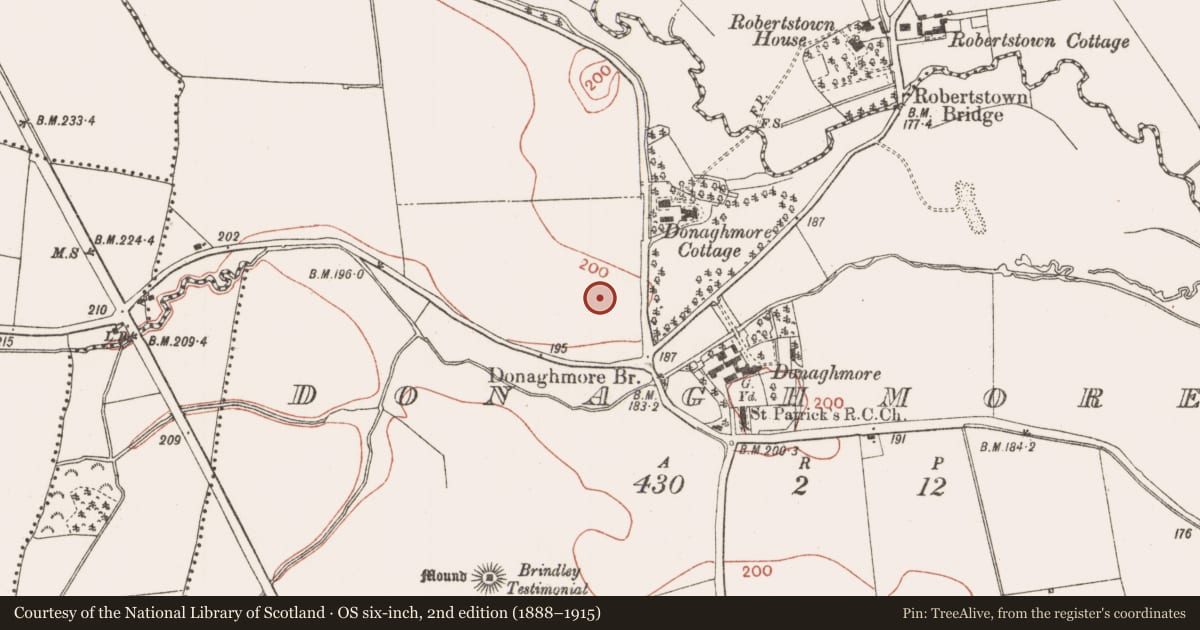 Ordnance Survey six-inch map, 2nd edition (1888–1915) covering the location of Ring-ditch, Donaghmore, County Meath, with a pin at the register's coordinates