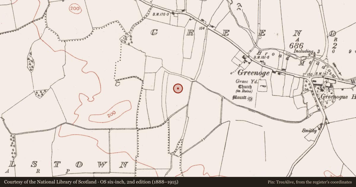 Ordnance Survey six-inch map, 2nd edition (1888–1915) covering the location of Ring-ditch, Greenoge, County Meath, with a pin at the register's coordinates