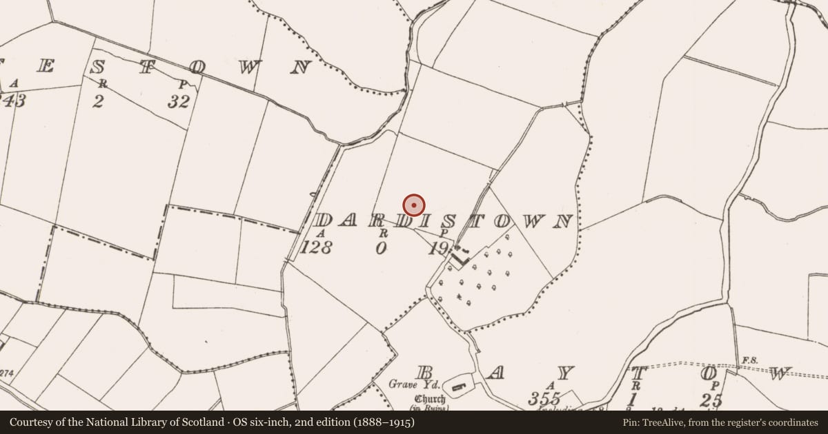 Ordnance Survey six-inch map, 2nd edition (1888–1915) covering the location of Ring-ditch, Dardistown, County Meath, with a pin at the register's coordinates