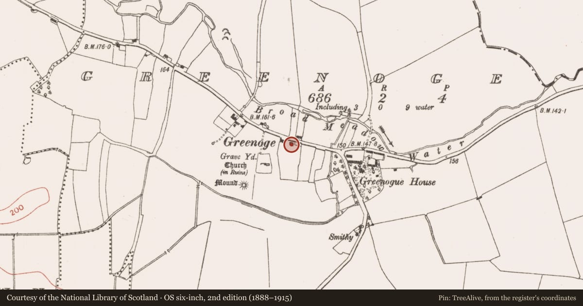 Ordnance Survey six-inch map, 2nd edition (1888–1915) covering the location of Ritual site - holy well, Greenoge, County Meath, with a pin at the register's coordinates
