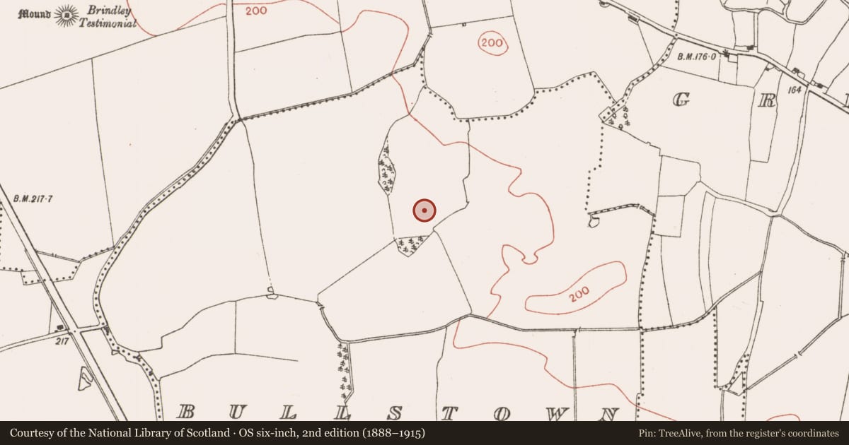 Ordnance Survey six-inch map, 2nd edition (1888–1915) covering the location of Burnt mound, Bullstown, County Meath, with a pin at the register's coordinates